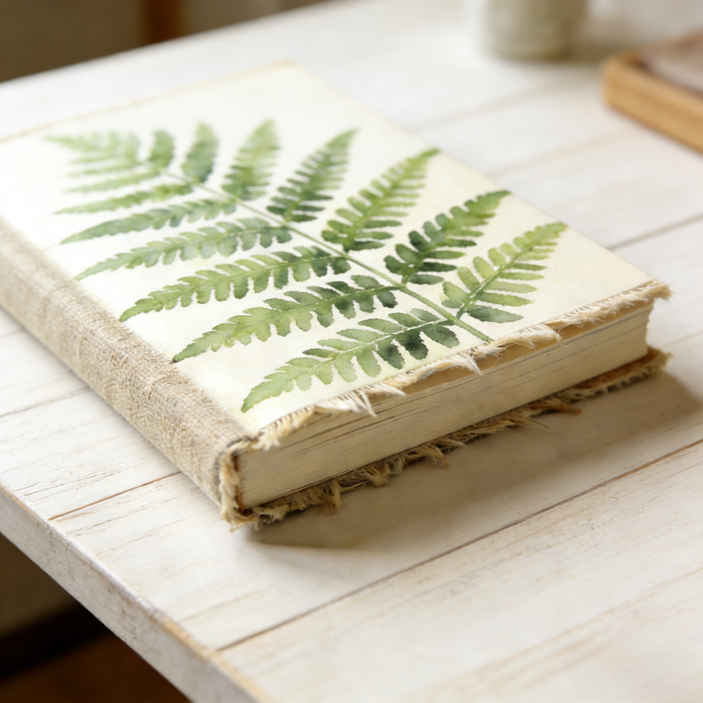 Linen Fabric Botanical Notebook with Fern Illustration