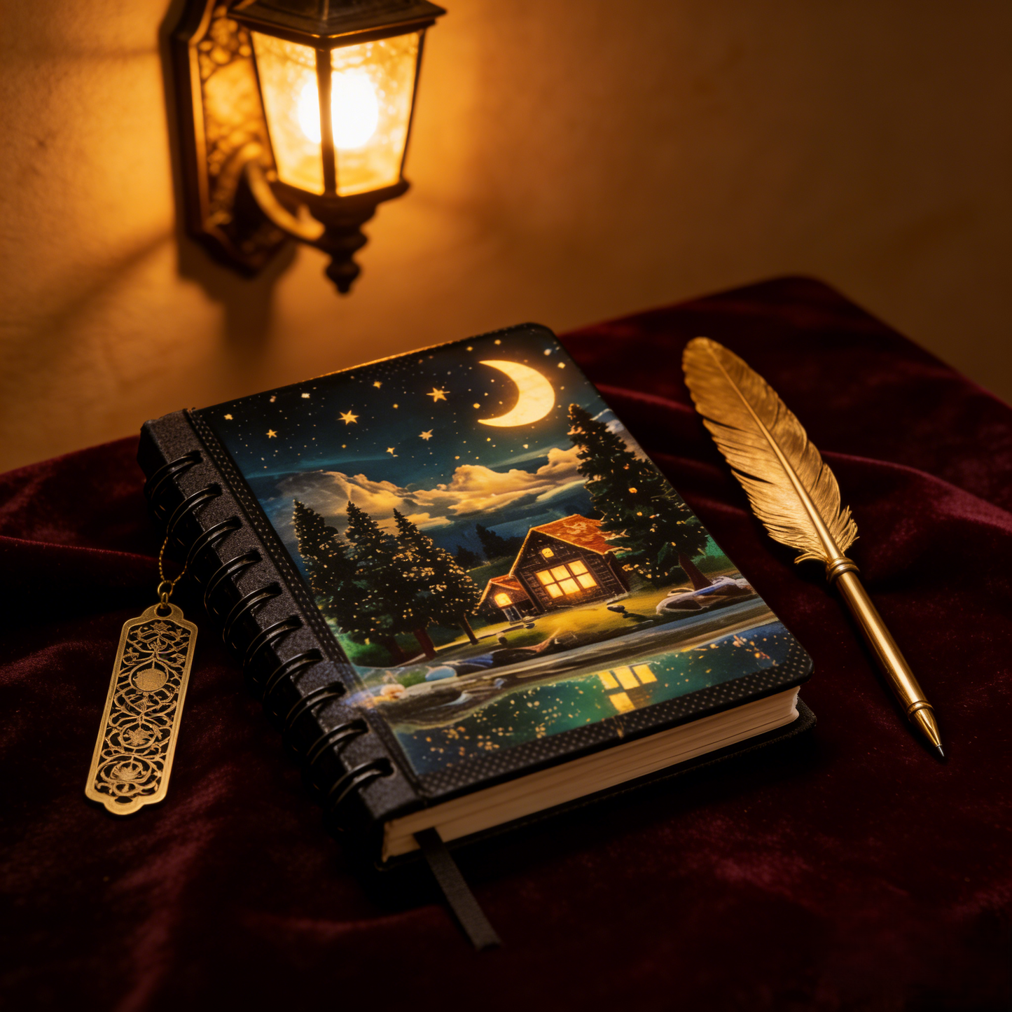 Moonlit Cabin Spiral Notebook – 120 Pages Dreamy Night Journal