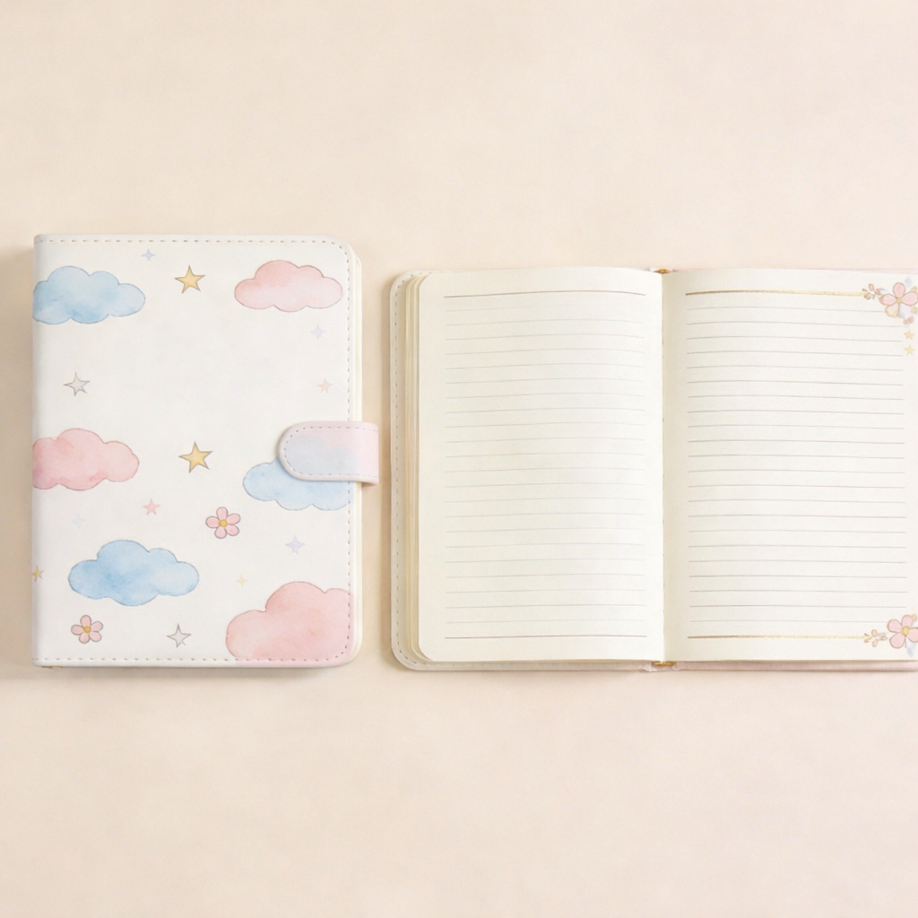 Cute Cloud PU Leather Notebook – Daily Lined Journal with Strap Closure